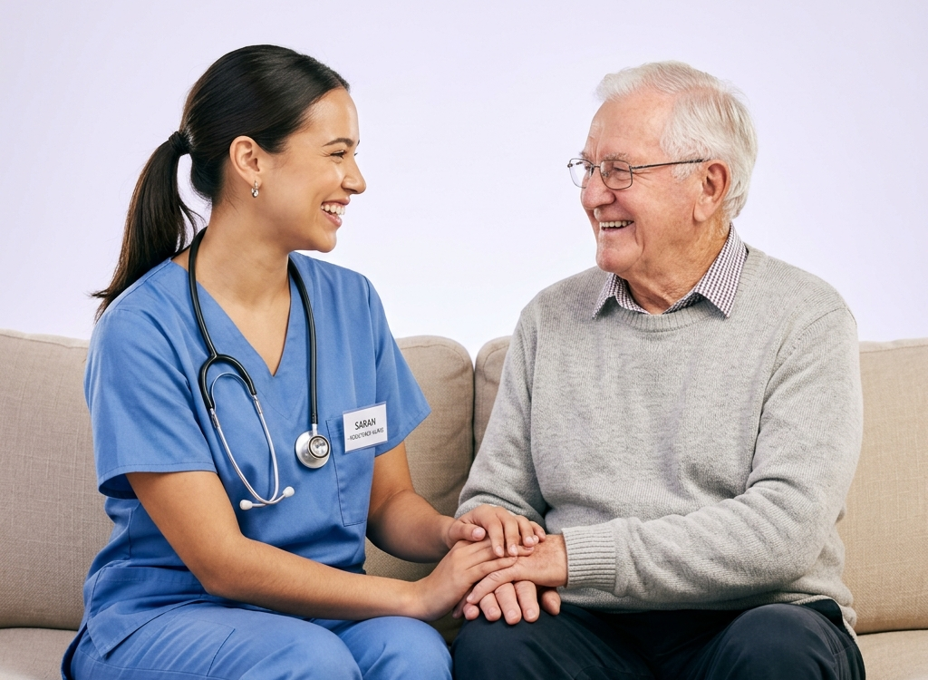 A Bluebell Hospital nurse sitting with an elderly patient, holding his hand